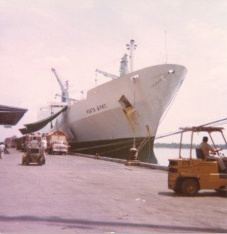 Piccoli camion lungo la banchina in attesa di essere scaricati la bananiera nel porto di Guayaquil