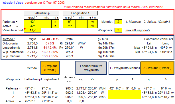 Lossodromia - Ortodromia : foglio di inserimento dati file di excel per il calcolo completo dei dati di lossodromia ed ortodromia