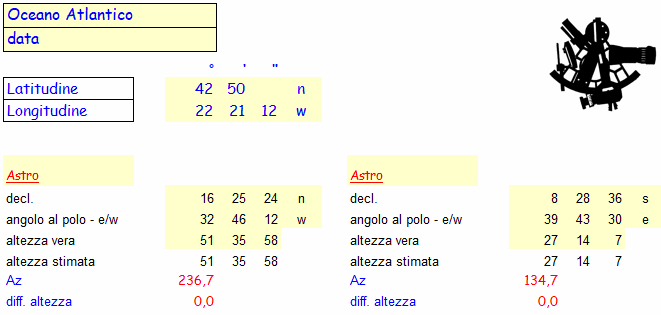 navigazione astronomica - le formule sviluppate in un file excel